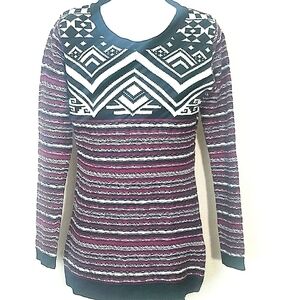 Pink Rose Sweater tunic pink black white print crew long sleeve EUC
